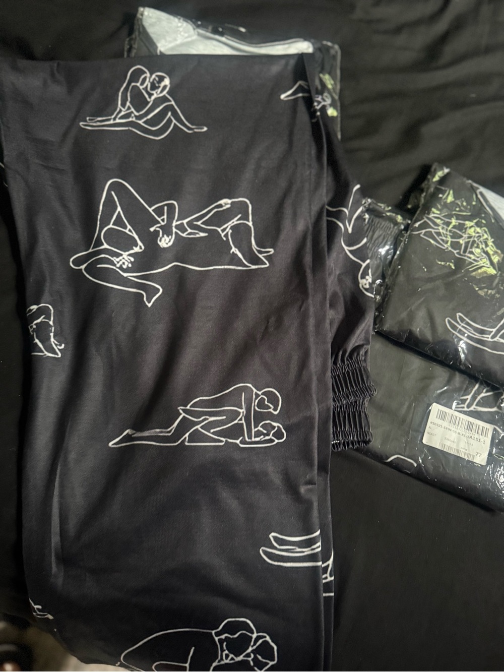 Black Lounge Pants with White Line Art Couples Print